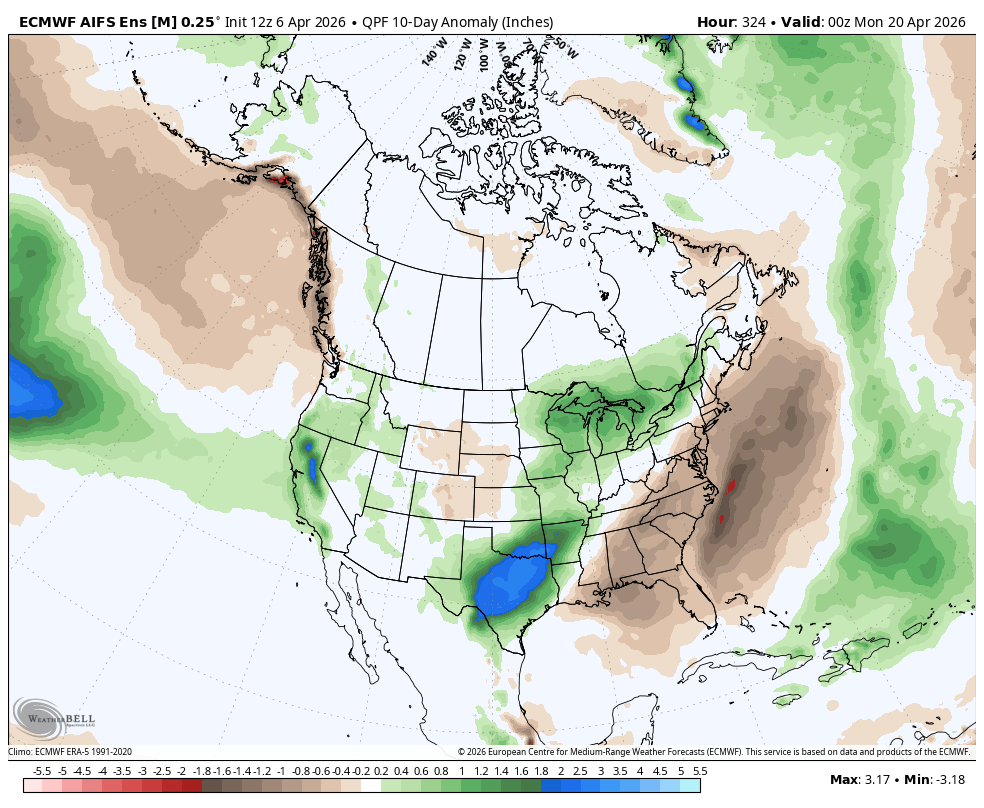 Precipitation anomalies for a 10-day period from the Euro AI model