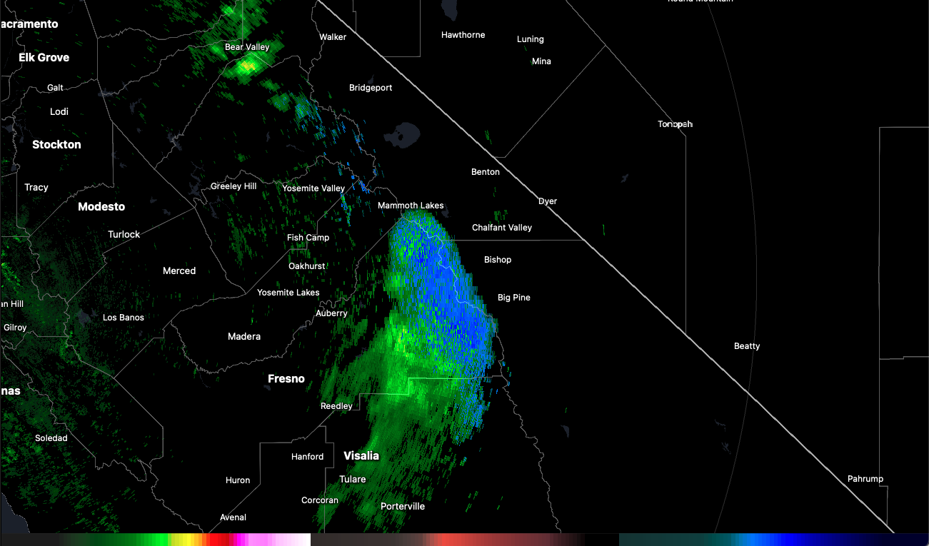 Precipitation model showing weak showers over the Sierra with 0 to 2 inches possible
