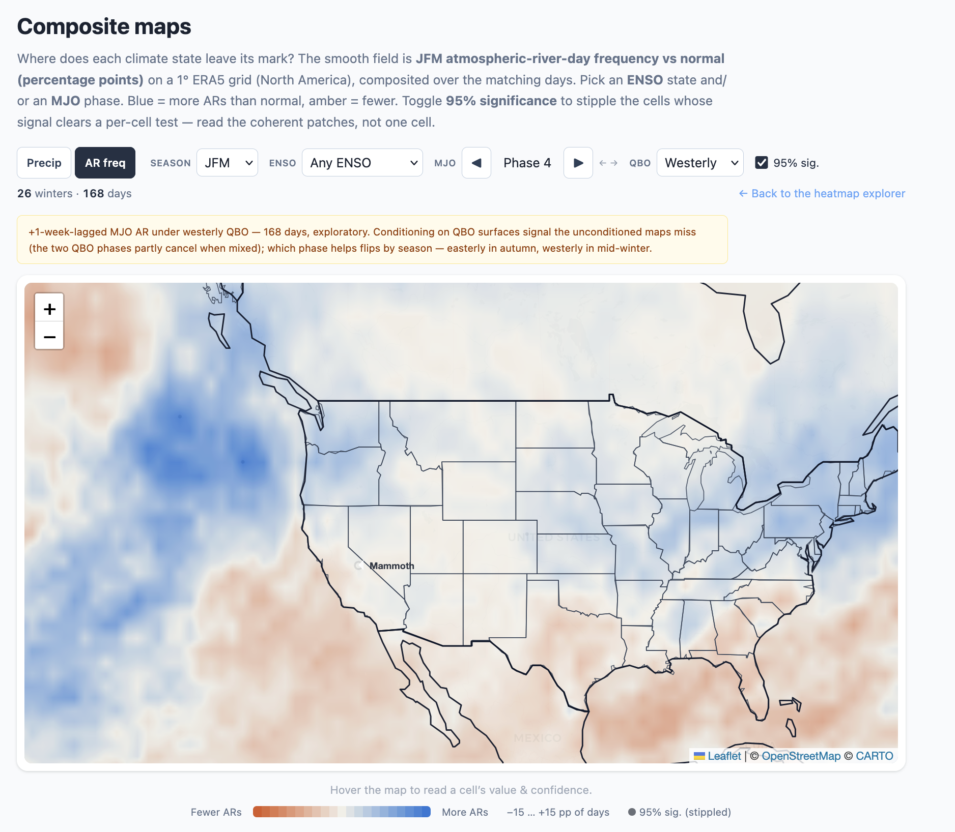 MJO + WQBO AR frequency maps for JFM