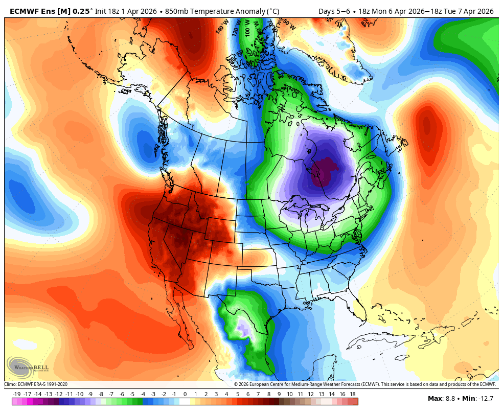 850mb temp anomalies showing above average temps out west again