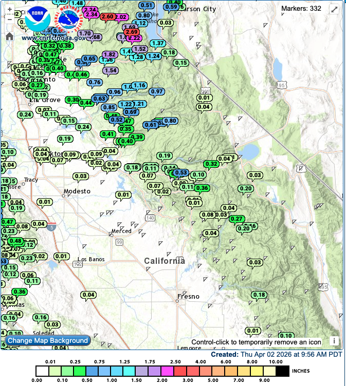 CNRFC rain gauge data showing wide variety of precip amounts over 24 hours