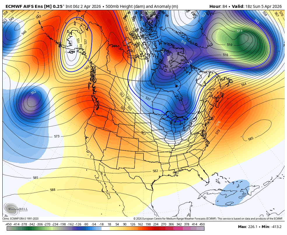 500mb height anomalies from the Euro AI model showing a PNW ridge