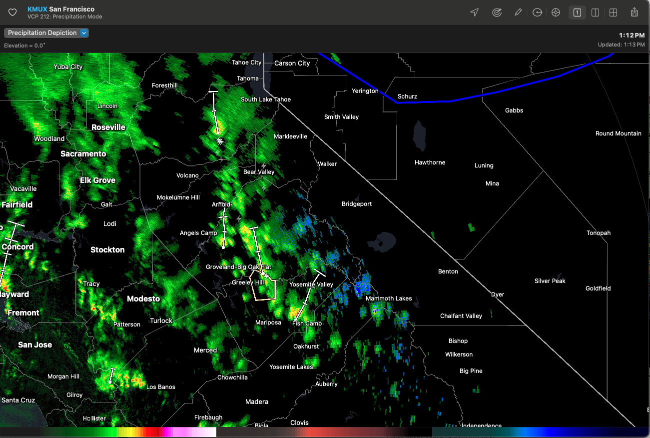 Radar showing showers over the Eastern Sierra Region