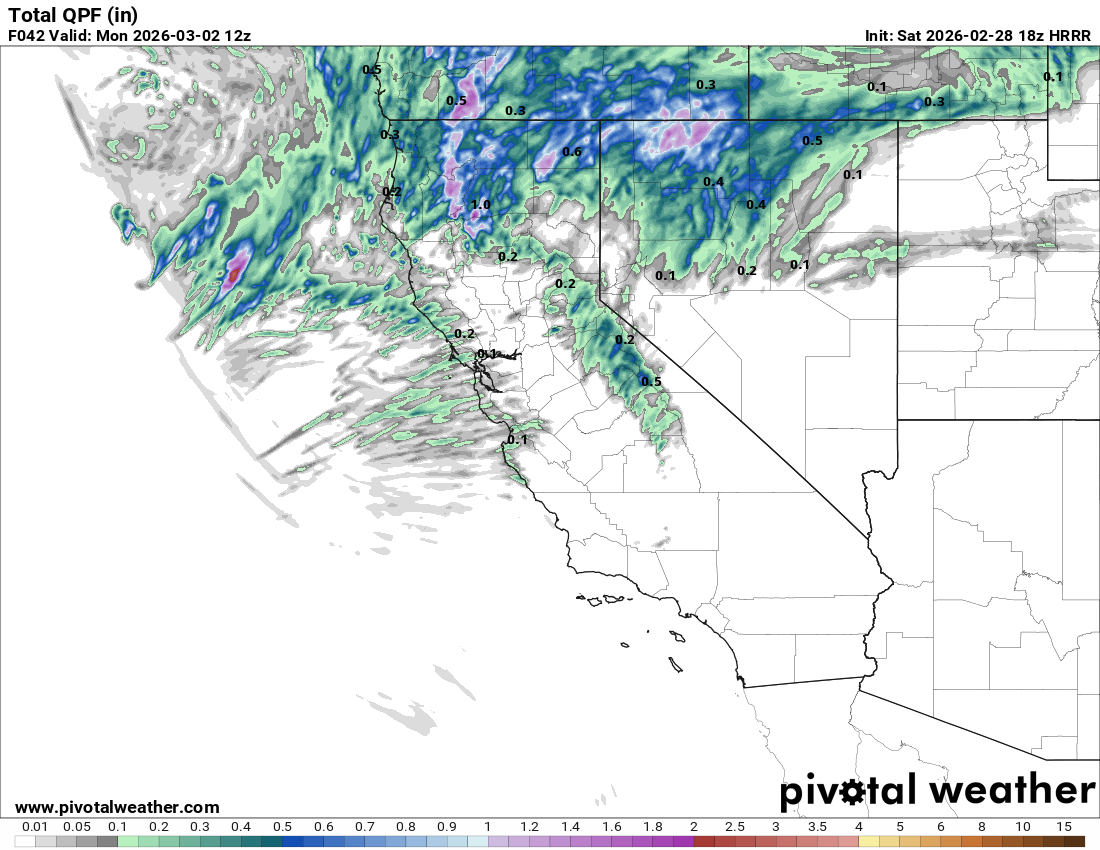 HRRR model showing 0.3 to 0.4 inches of liquid precipitation for Mammoth Mountain