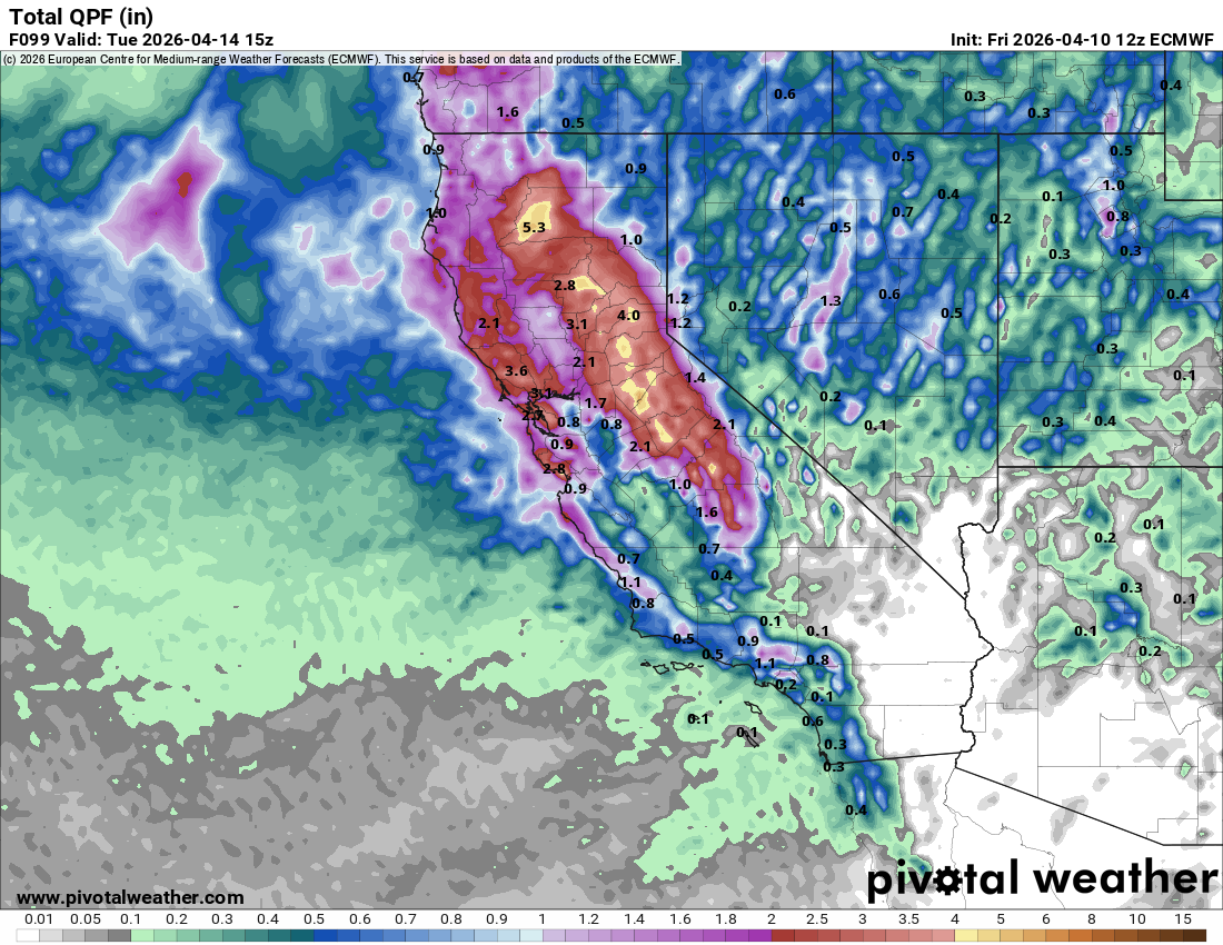 ECMWF showing precip totals for California.