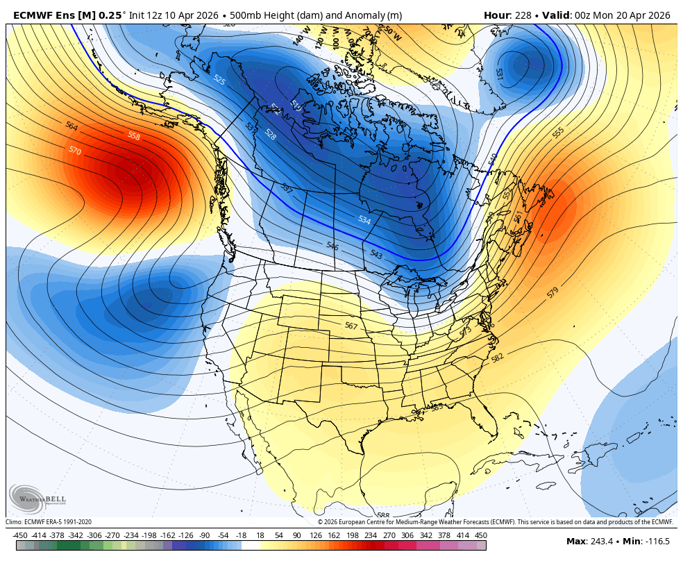 ECMWF 500mb height anomaly for April 20th showing a west coast trough