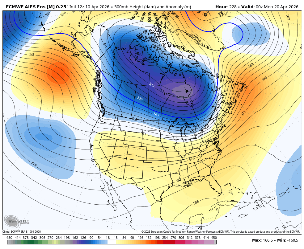 Weaker trough from ECMWF AI Ensemble