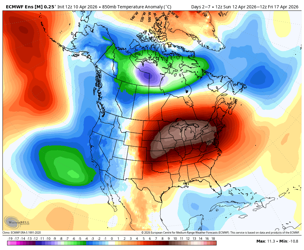850mb temps showing below avg for the week of April 12th through 17th