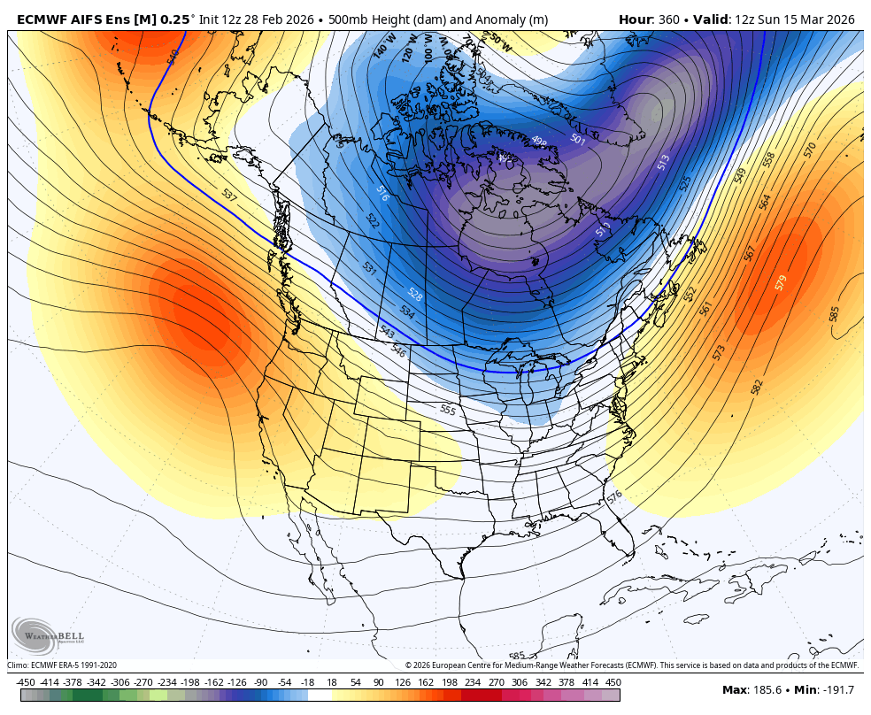 Long range model showing a stubborn blocking ridge planted off the West Coast