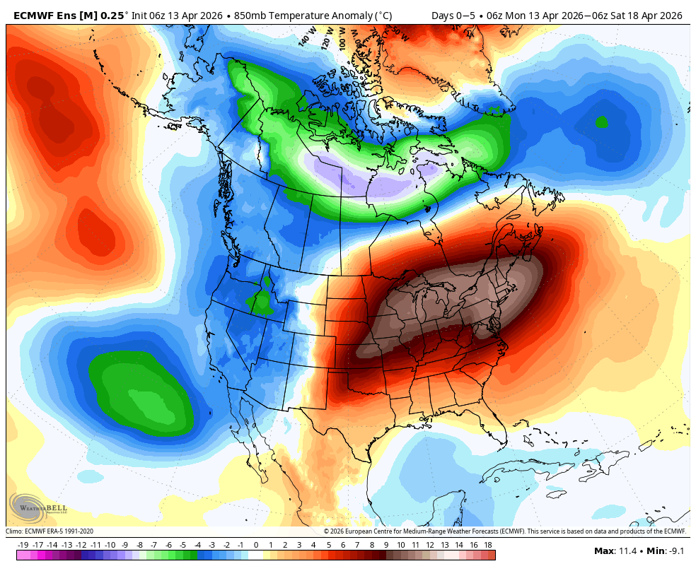 ECMWF ens 850mb temp anomaly over a 5 day period