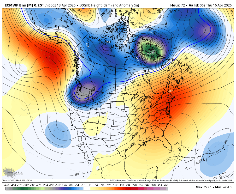 500mb height anomaly showing a trough to our north