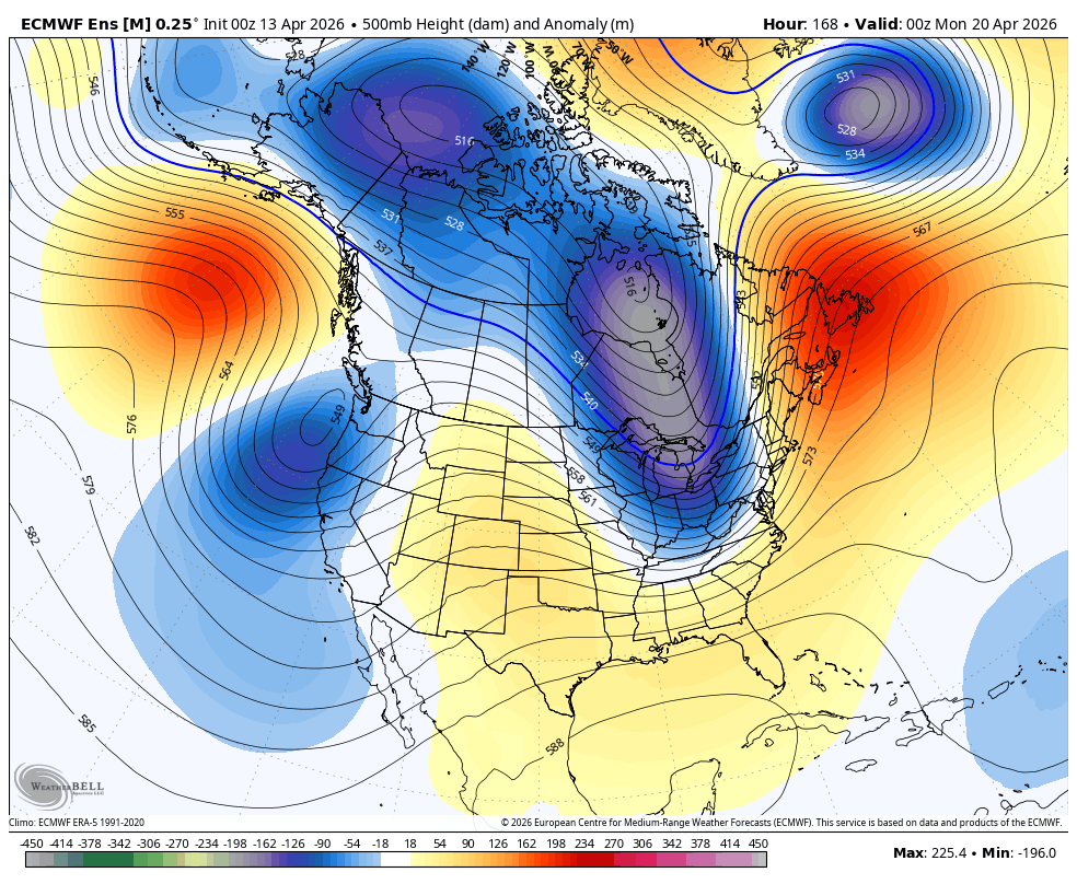 500mb height anomaly showing a trough approaching California on Monday April 20th