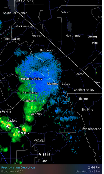 Radar of a convective band over the Mammoth region brining heavy snowfall