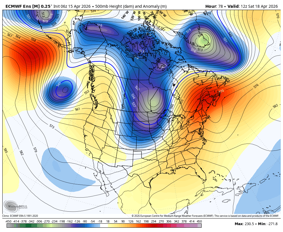 ECMWF Ens showing weak high pressure centered over California