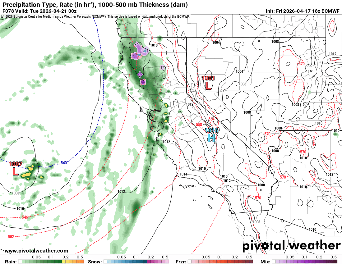 Euro model showing coastal showers on Monday 4/20