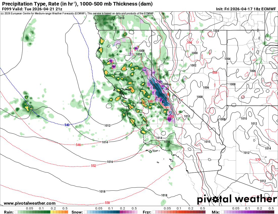 Euro model showing snowfall over the Sierra Nevada