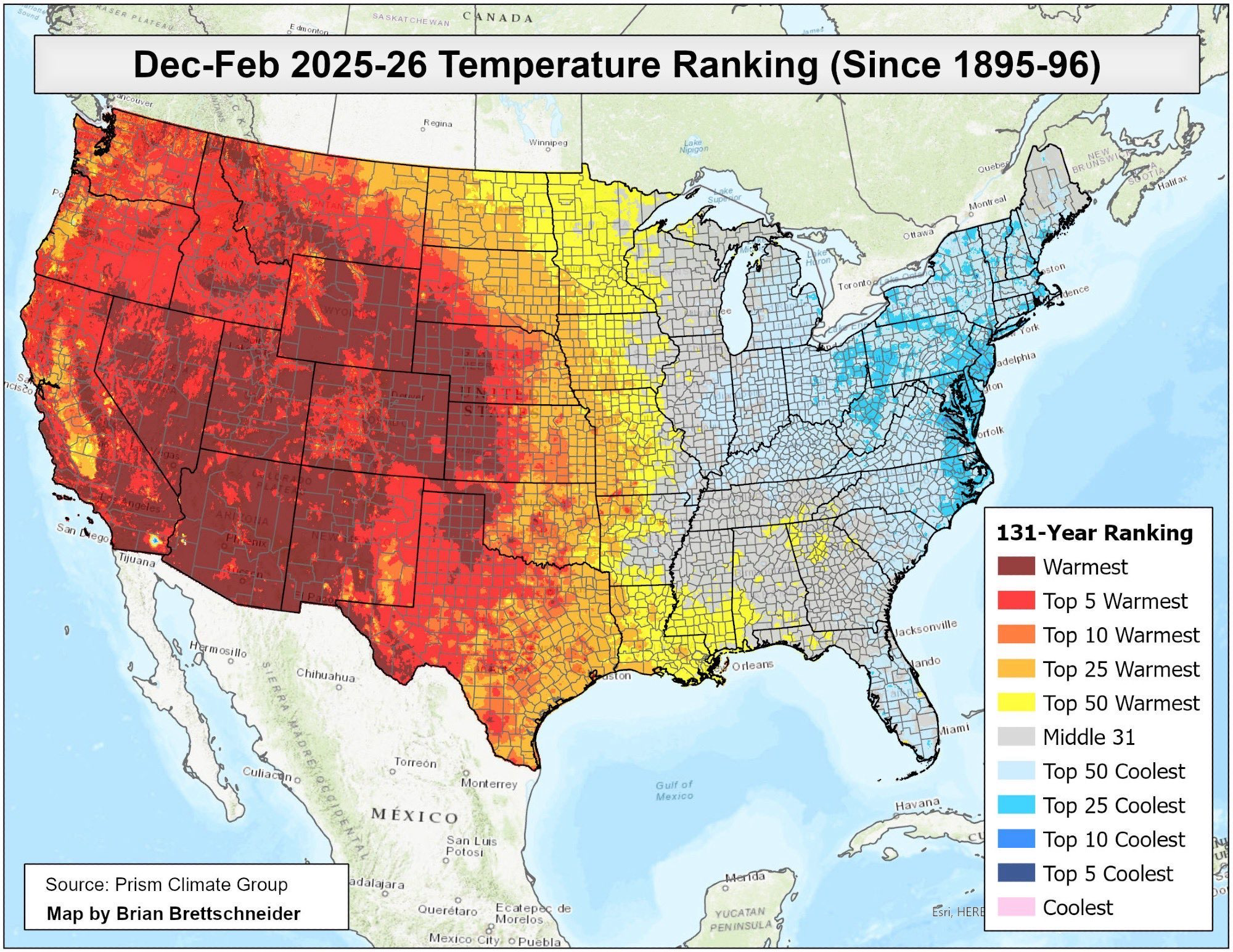 Temperature anomaly map showing the warmest winter on record across the western United States