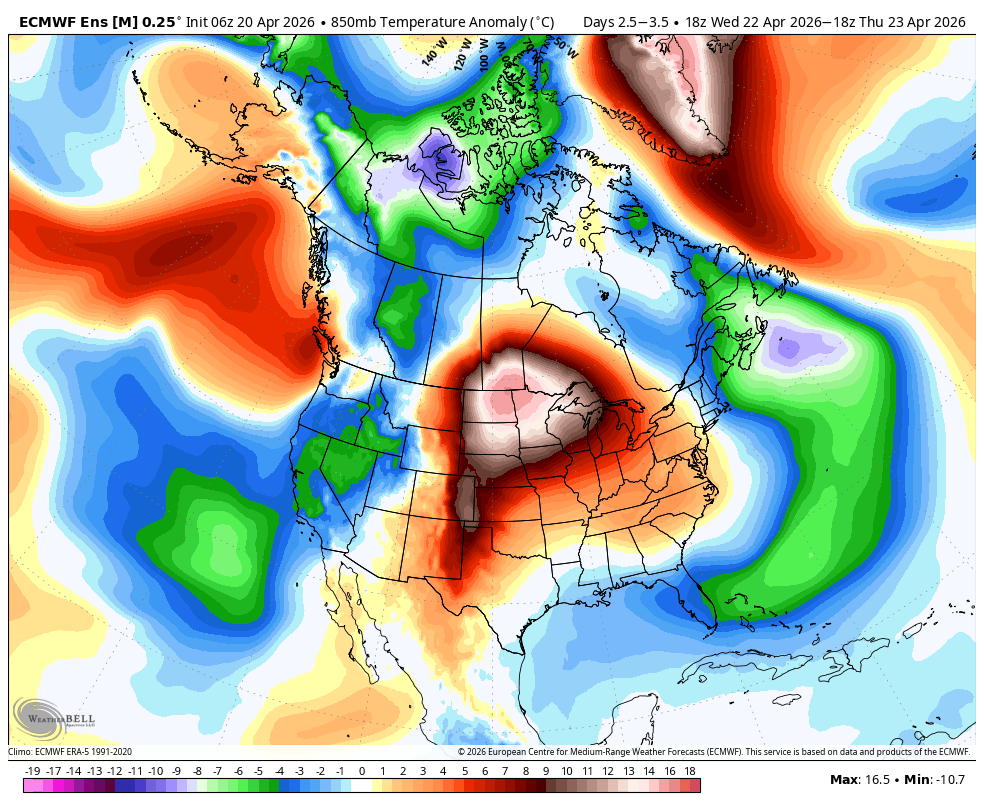 ECMWF ens showing 850mb temp anomalies below average over California