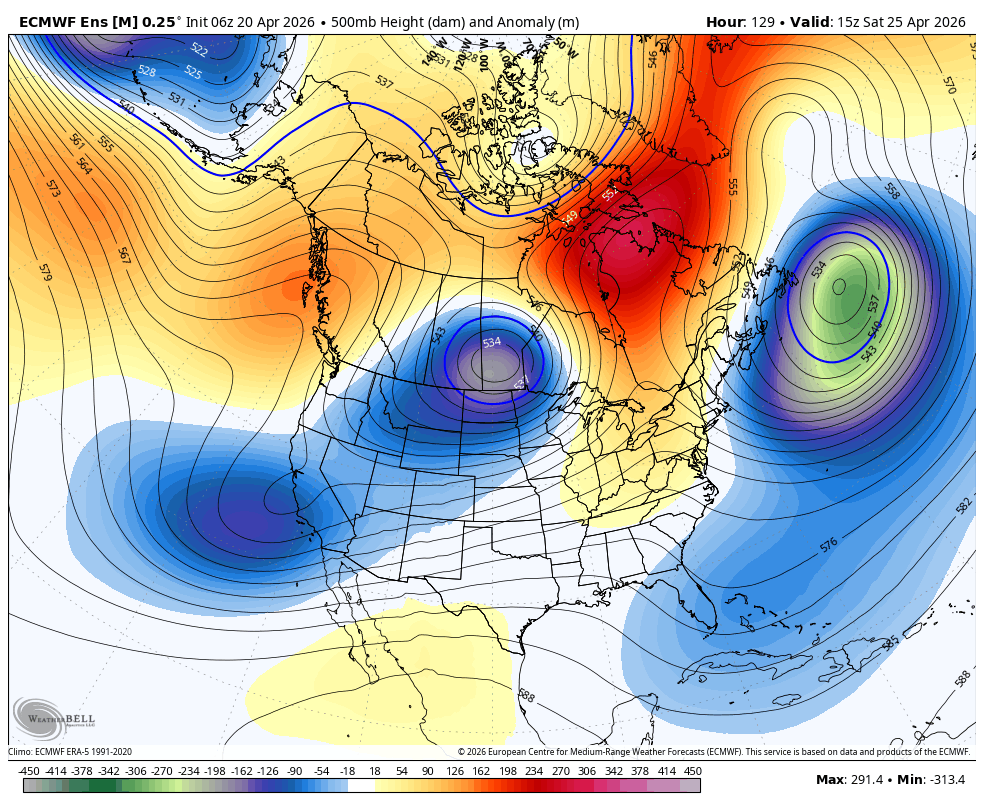 500mb height anomalies showing a trough near Southern California undercutting a west coast ridge