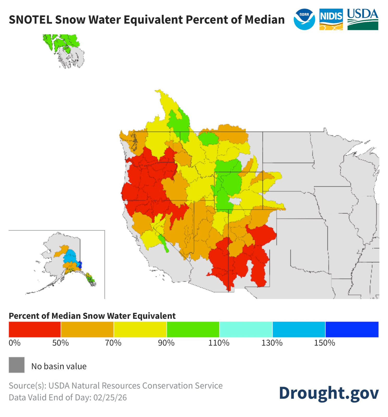 Snowpack map highlighting the Eastern Sierra as the only near-average basin in the West