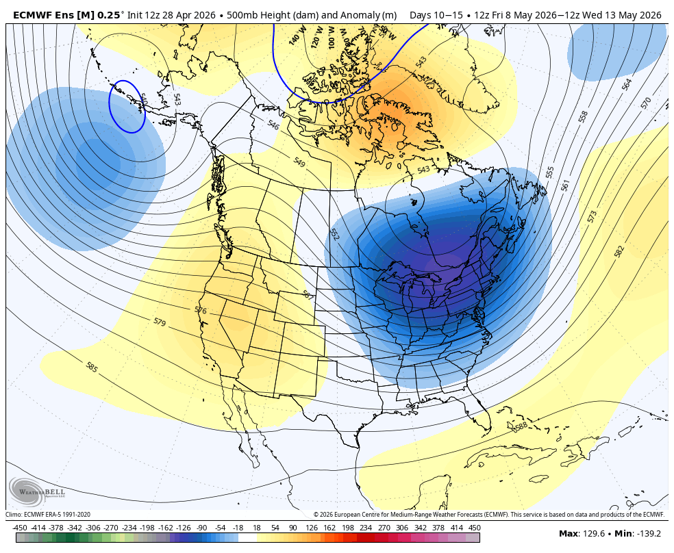 ECMWF ens 5 day troughing pattern showing a ridge over the west coast