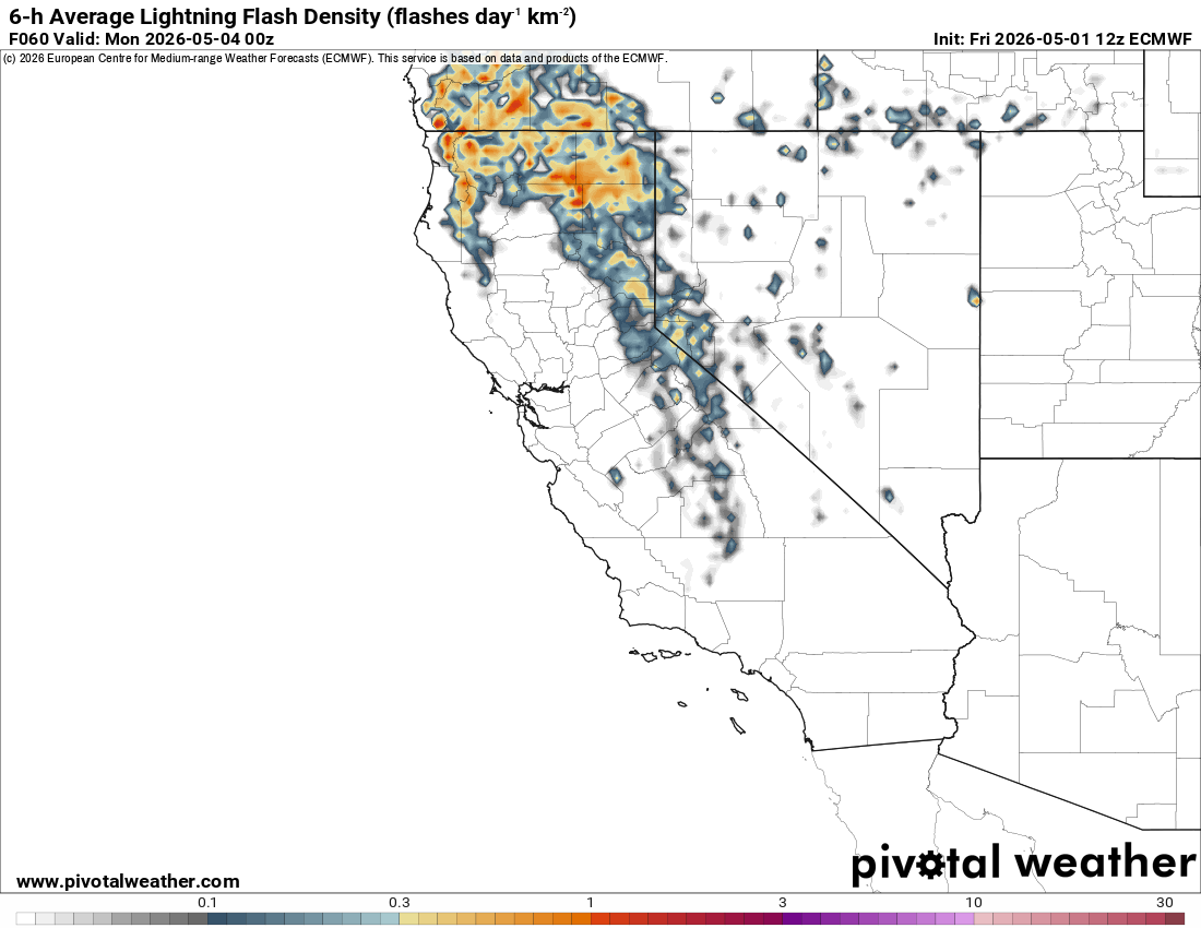 ECMWF showing lightning flash density for Sunday afternoon