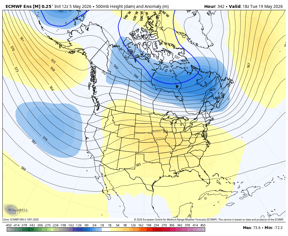 500mb height anomalies showing a weak offshore troughing signal