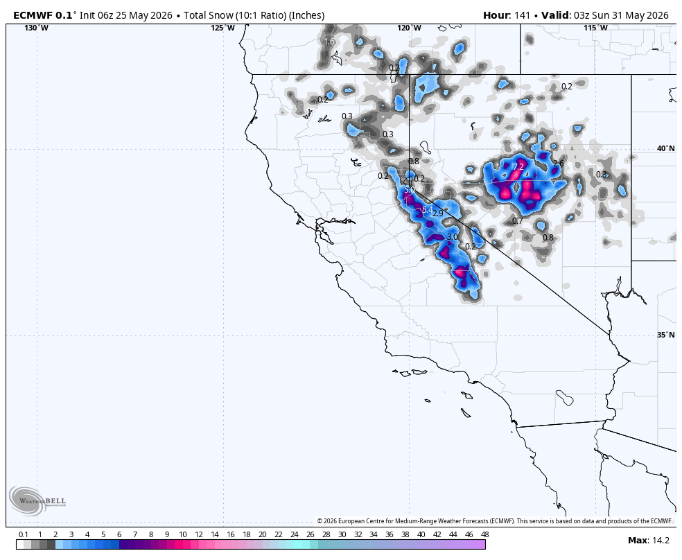 Snow totals for California through Friday