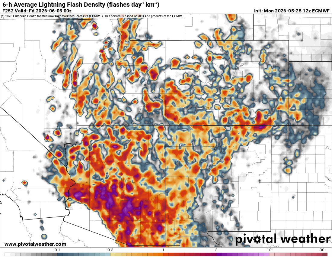 Lightning flash density showing significant activity over the four corners region