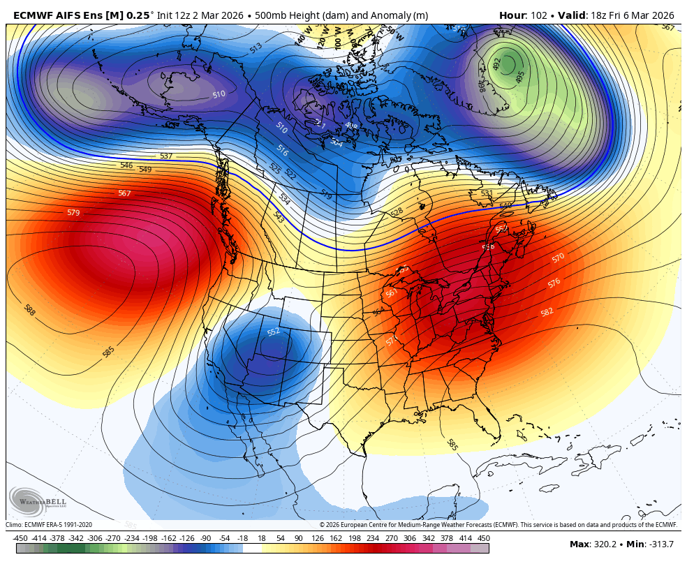 Model showing a trough amplifying into the Great Basin bringing cold north winds to the Eastern Sierra