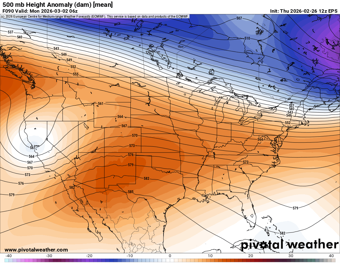 500mb model showing a weak and anemic trough approaching California