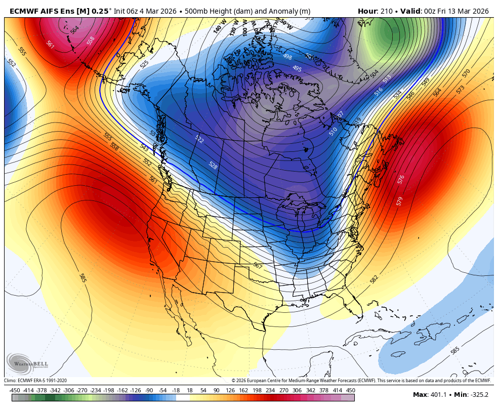 Extended 500mb height anomaly forecast showing a stubborn blocking ridge persisting for 15 or more days
