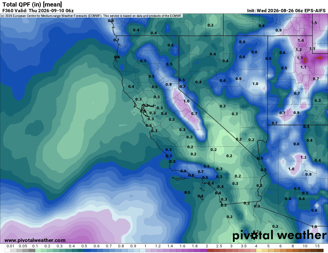 Euro AI ensemble showing significant precipitation for August and early September for California.