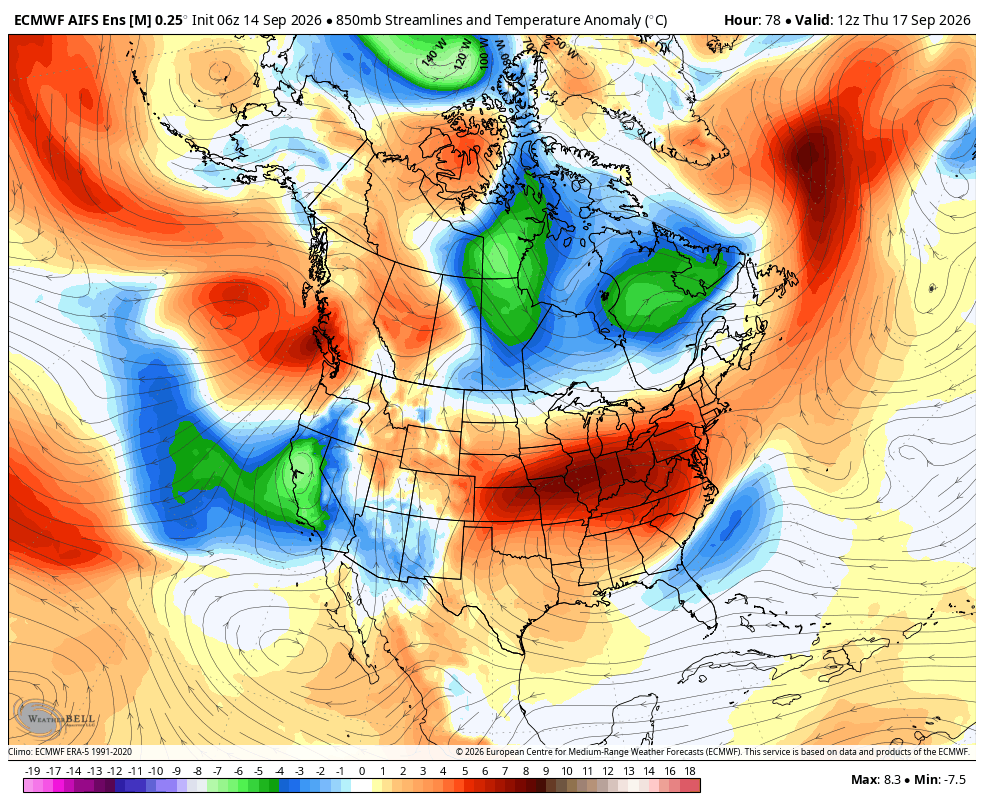850mb temp anomaly forecast from EC-AI ensemble