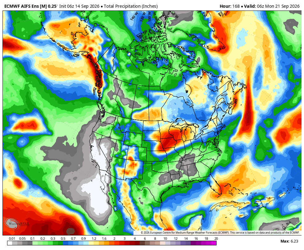 7 day precipitation forecast from EC-AI ensemble
