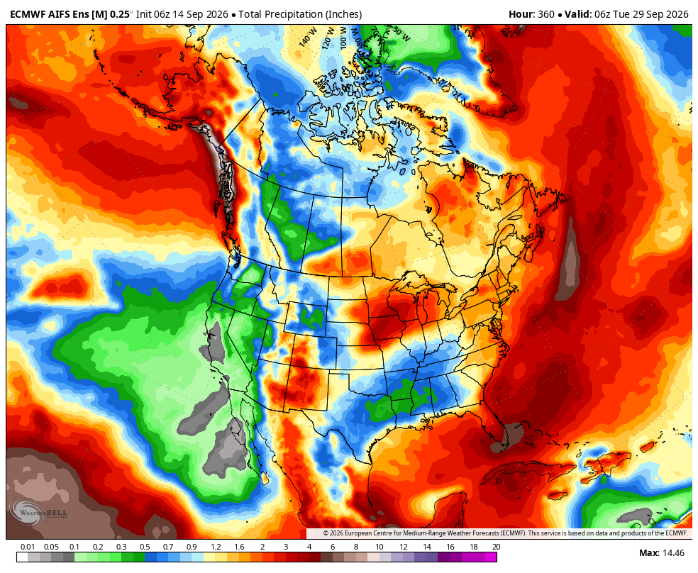 15 day precipitation forecast from the EC-AI ensemble