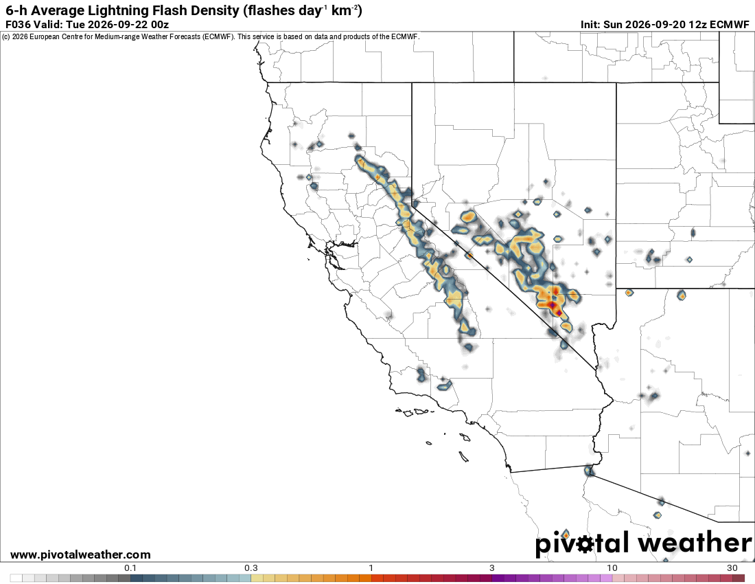 Lightning flash density map from the ECMWF model showing thunderstorms over the Sierra Crest