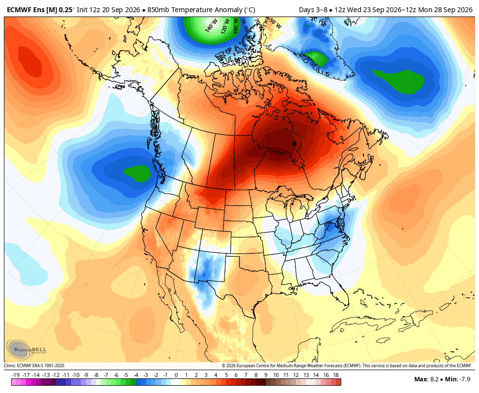 ECMWF Ens showing above average temps in California