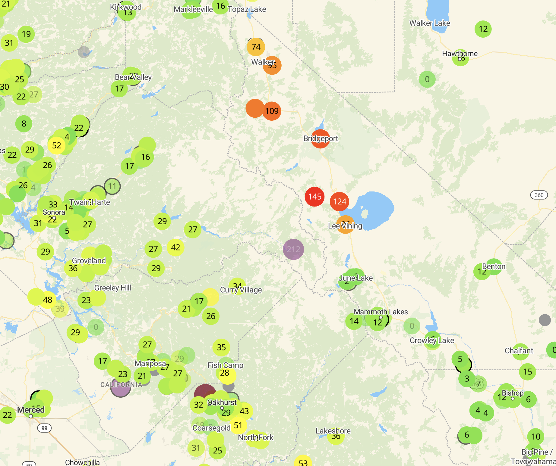 Air Quality Map showing smoke impacting Bridgeport