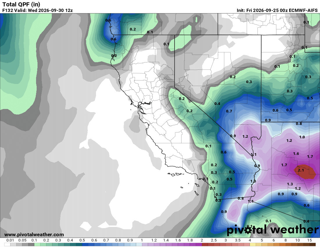 ECMWF AIFS QPF forecast showing modest precipitation over the Sierra
