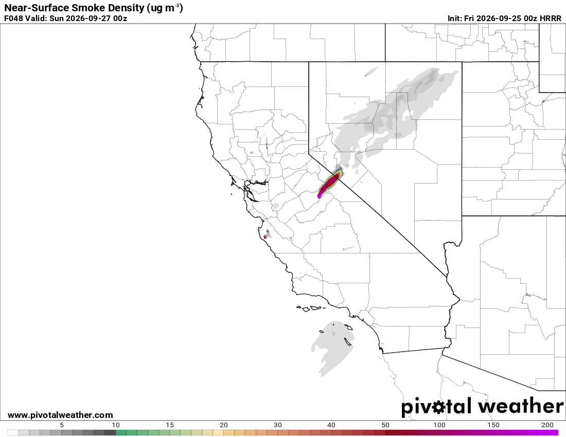 HRRR near surface smoke density forecast showing the plume of smoke from the Dome Fire going north of Mammoth lakes for trailfest