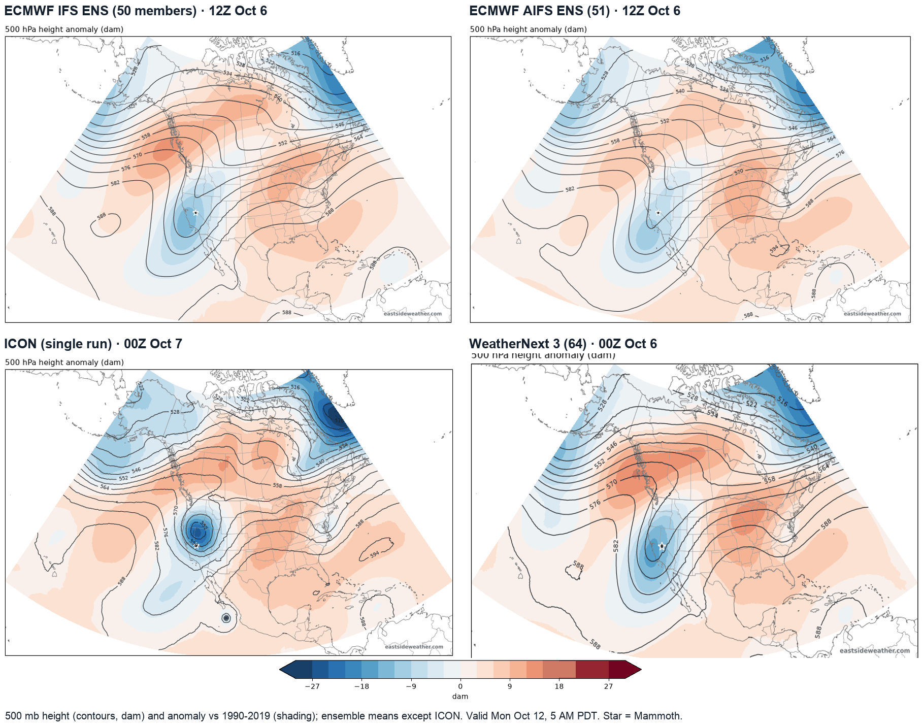 500 mb height anomalies valid Monday morning, October 12, from the ECMWF IFS ensemble, the AIFS ensemble, the ICON and WeatherNext 3, all showing a trough or closed low over California