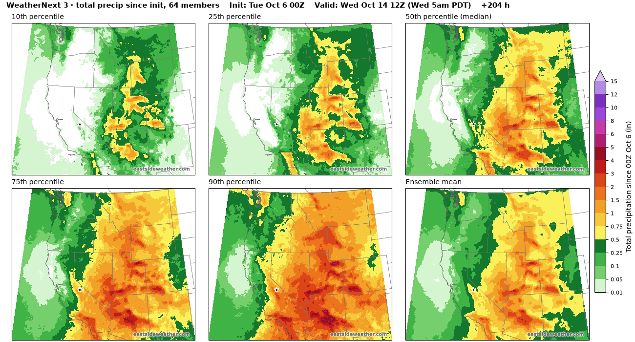 WeatherNext 3 total precipitation percentiles through Wednesday morning, wettest over Utah and Arizona