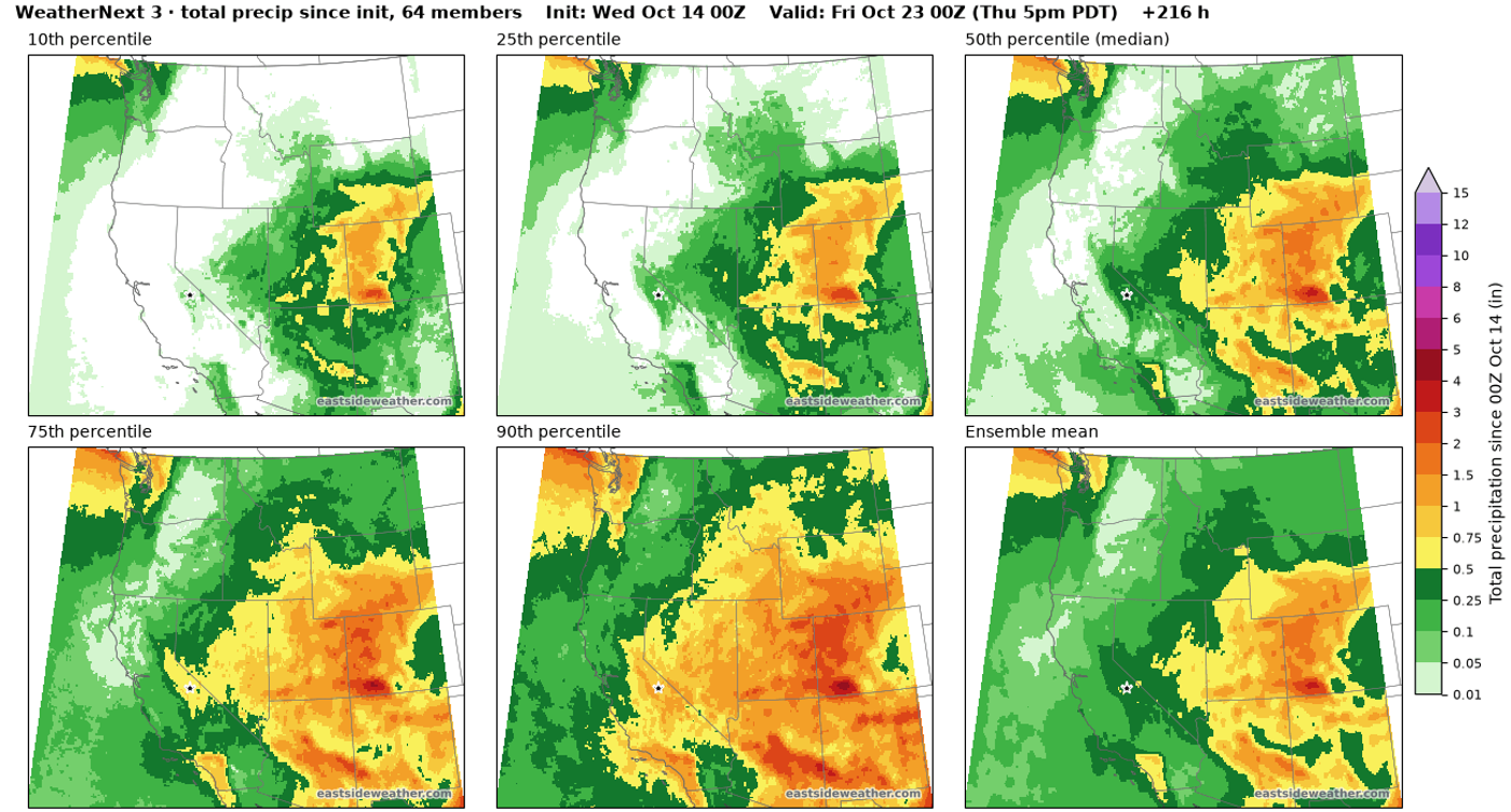 WeatherNext 3 total precipitation percentiles through Thursday evening, October 22, wettest over Utah, Colorado and Arizona, with the Sierra on the lighter side