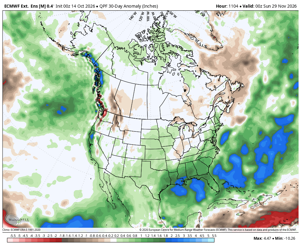ECMWF extended ensemble 30-day precipitation anomaly ending November 29, wetter than normal along California and the Southwest