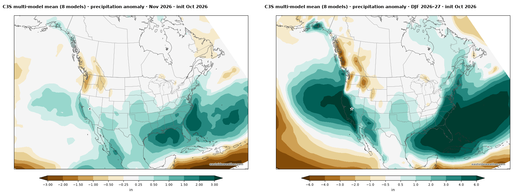 Copernicus multi-model mean precipitation anomaly for November, and for December through February, both wetter than normal across California