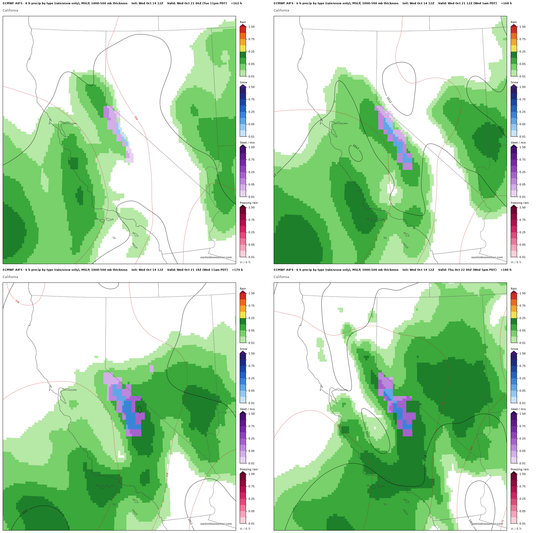 Operational ECMWF AIFS 6 hour precipitation by type over California from Tuesday night, October 20, through Wednesday night, October 21, mostly rain with snow and a rain and snow mix along the Sierra crest