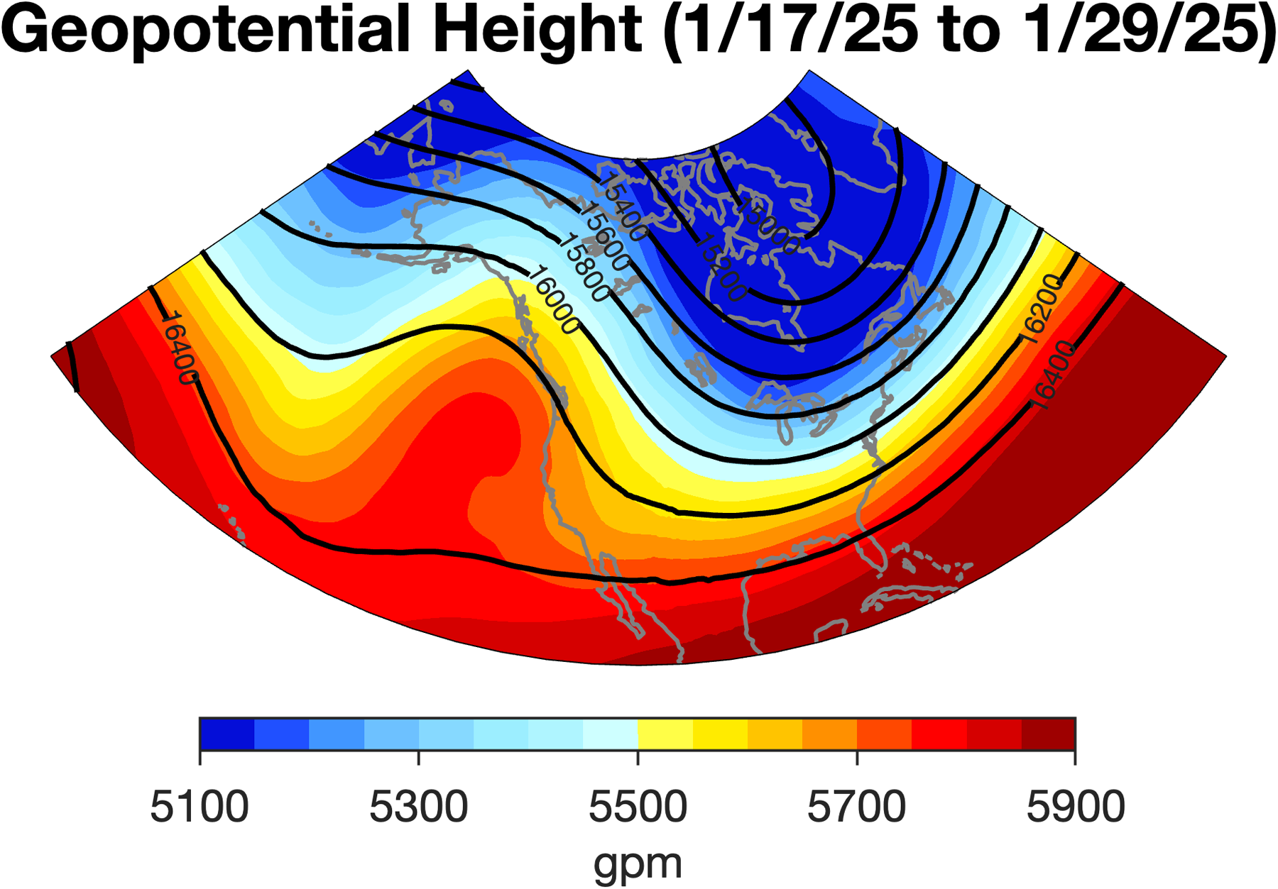 500 mb heights (colors) and 100 mb heights (contours) for January 17 to 29, 2025, showing a stretched polar vortex above a western ridge and an eastern trough over North America