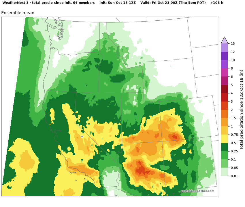 WeatherNext 3 ensemble mean total precipitation through Thursday evening, October 22, with half an inch to three quarters of an inch along the Sierra near Mammoth