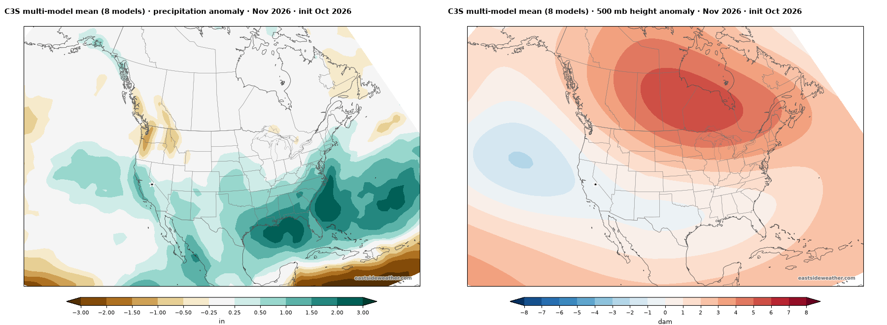 Copernicus multi-model mean precipitation anomaly and 500 mb height anomaly for November, with lower heights off the California coast and wetter than normal conditions along the California coast and southern United States